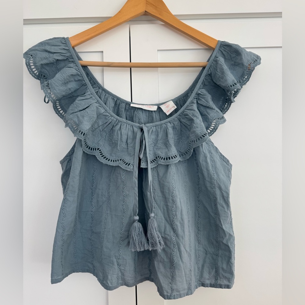 Shabby Chic Dusty Blue Ruffle Tassel Eyelet Blouse